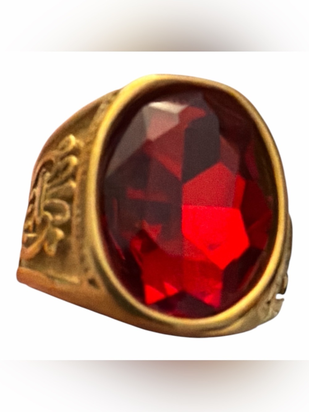 Gold Tone Ring with Large Red Faceted Stone